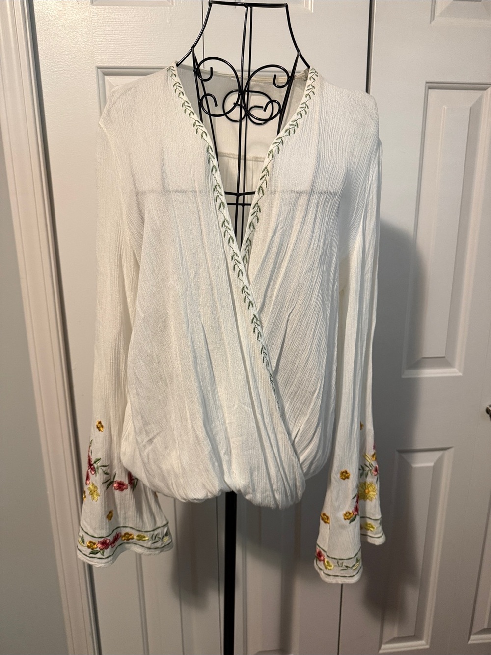 White Embroidered Wrap Blouse with Bell Sleeves